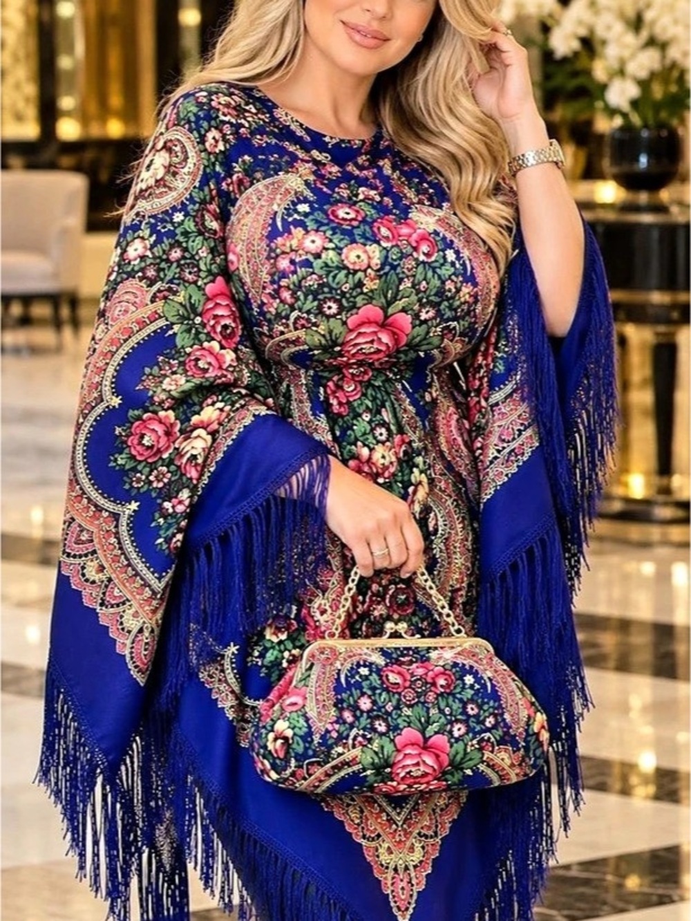 Floral Fringe Poncho in Blue & Multicolor and bag set